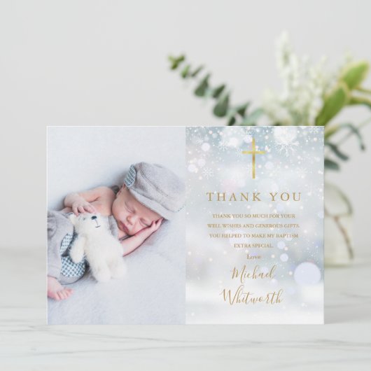 写真エレガント署名スクリプト冬バプテスマ サンキューカード (スタンド正面)