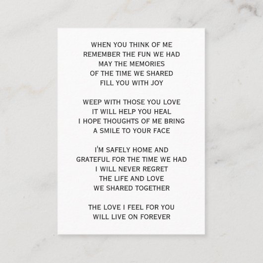 写真エレガント葬儀祈りの言葉カード 名刺 (裏面)