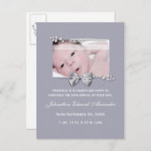 写真エレガント誕生発表シルバーリボン 案内ポストカード (正面/裏面)