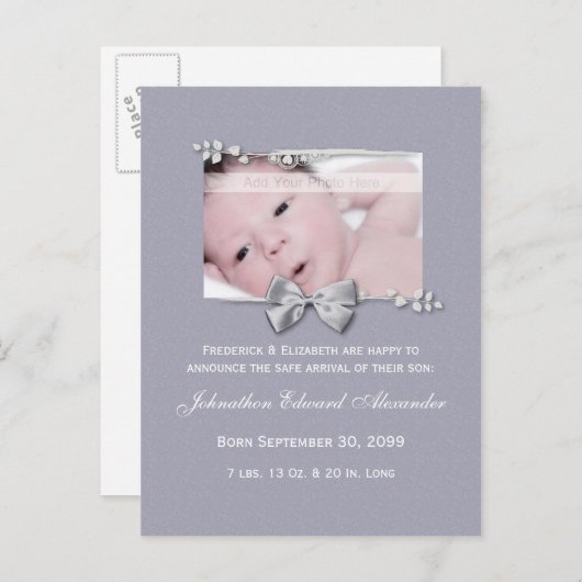 写真エレガント誕生発表シルバーリボン 案内ポストカード (正面/裏面)