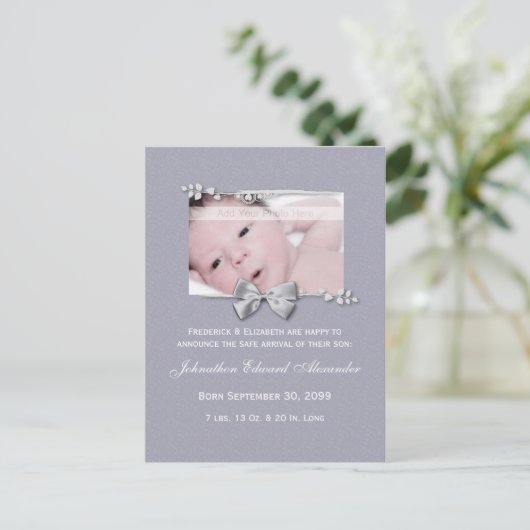 写真エレガント誕生発表シルバーリボン 案内ポストカード (スタンド正面)