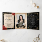 写真エレガント赤ローズブラックと金ゴールドキンセアニェラ 三つ折り招待状 (内部)