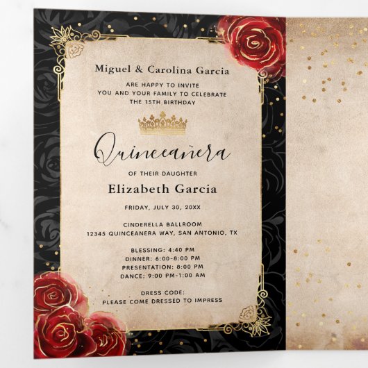 写真エレガント赤ローズブラックと金ゴールドキンセアニェラ 三つ折り招待状 (内部最初)