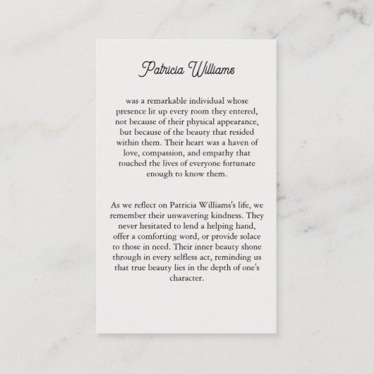 写真エレガント追悼記念祈りの言葉カード 名刺 (裏面)