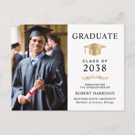 写真エレガント金ゴールドグラッドキャップカレッジ卒業 案内ポストカード (正面)