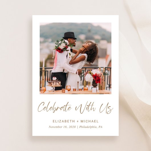 写真エレガント金ゴールドスクリプトウェディングレセプション 招待状