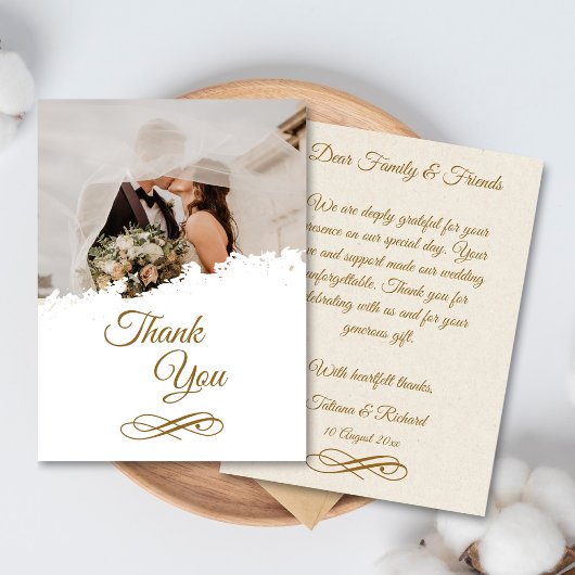 写真エレガント金ゴールドスクリプ結婚トのサンキューカード サンキューカード