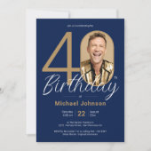 写真エレガント金ゴールドネイビーブルー40歳の誕生日 招待状 (正面)