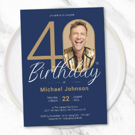 写真エレガント金ゴールドネイビーブルー40歳の誕生日 招待状