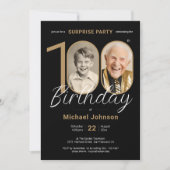 写真エレガント金ゴールドブラックサプライズ100誕生日 招待状 (正面)