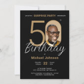 写真エレガント金ゴールドブラックサプライズ50誕生日 招待状 (正面)