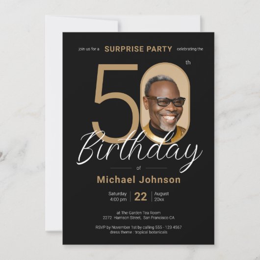 写真エレガント金ゴールドブラックサプライズ50誕生日 招待状 (正面)