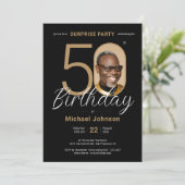 写真エレガント金ゴールドブラックサプライズ50誕生日 招待状 (スタンド正面)