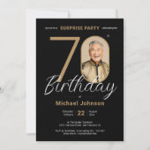 写真エレガント金ゴールドブラックサプライズ70誕生日 招待状 (正面)