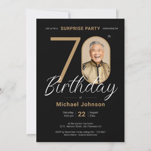 写真エレガント金ゴールドブラックサプライズ70誕生日 招待状 (正面)