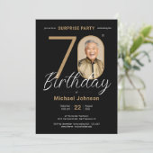 写真エレガント金ゴールドブラックサプライズ70誕生日 招待状 (スタンド正面)