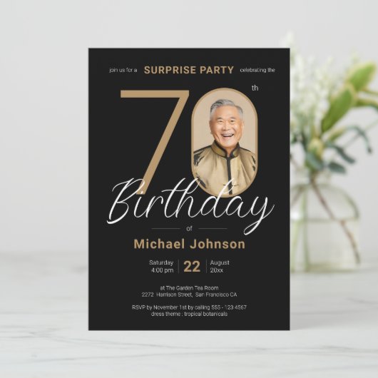 写真エレガント金ゴールドブラックサプライズ70誕生日 招待状 (スタンド正面)