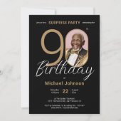写真エレガント金ゴールドブラックサプライズ90誕生日 招待状 (正面)