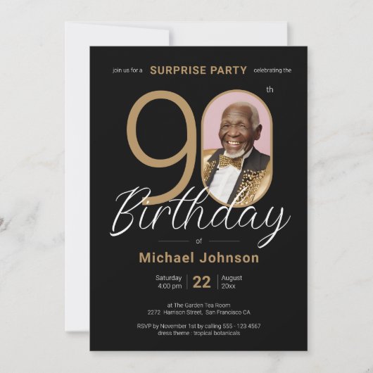 写真エレガント金ゴールドブラックサプライズ90誕生日 招待状 (正面)