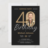 写真エレガント金ゴールドブラック・サプライズ40歳の誕生日 招待状 (正面)