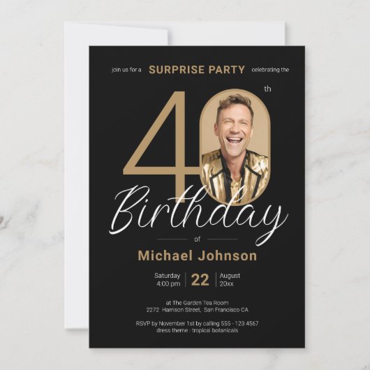写真エレガント金ゴールドブラック・サプライズ40歳の誕生日 招待状 (正面)