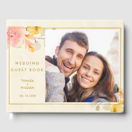 写真エレガント金ゴールド水色フローラ結婚の ゲストブック