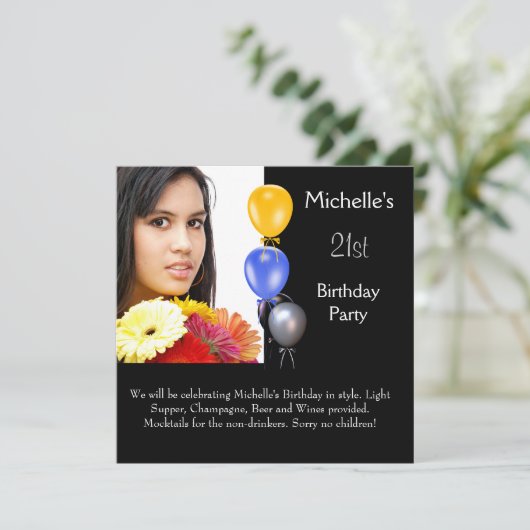 写真エレガント風船21歳の誕生日 招待状 (スタンド正面)