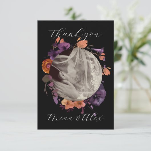 写真エレガント黒と秋のフローラ結婚 サンキューカード (スタンド正面)