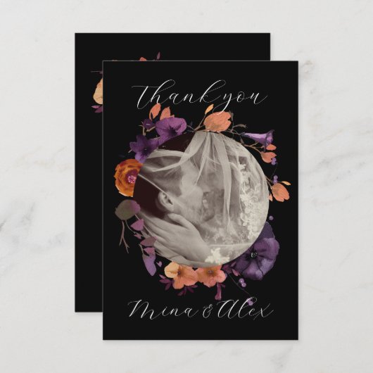 写真エレガント黒と秋のフローラ結婚 サンキューカード (正面/裏面)