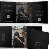 写真エレガント黒結婚式RSVP詳細QRコード 三つ折り招待状