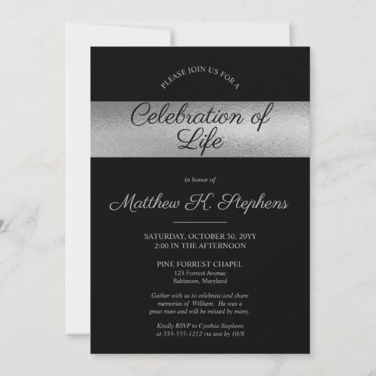 写真エレガント黒 シルバーお祝い・オブ・ライフ 招待状 (正面)
