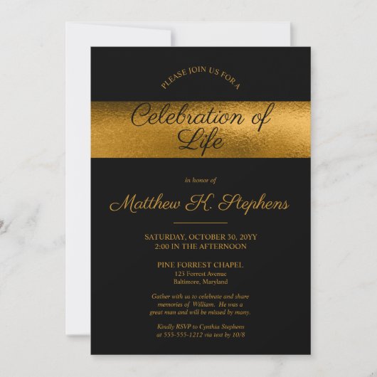 写真エレガント黒 |生命の金ゴールドお祝い 招待状 (正面)