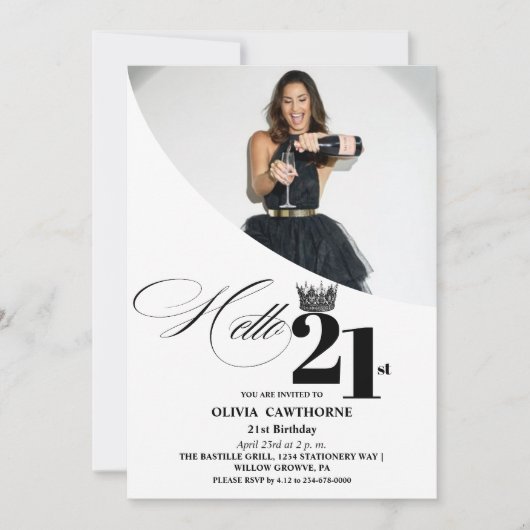 写真エレガント21歳の誕生日ホワイトブラック 招待状 (正面)