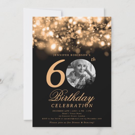 写真エレガント60th誕生日金ゴールドミッドナイト・グラム 招待状 (正面)