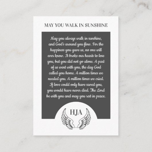 写真エレガント、エンジェルウィングス、祈りの言葉カード 名刺 (裏面)