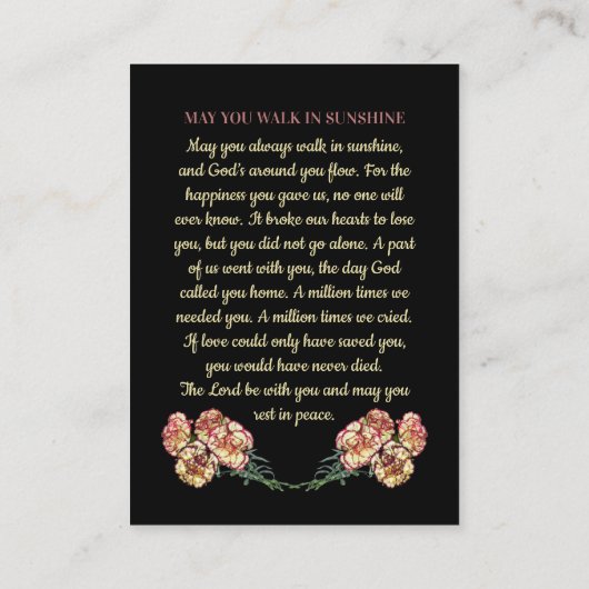 写真エレガント、カーネーション花、祈りの言葉カード 名刺 (裏面)