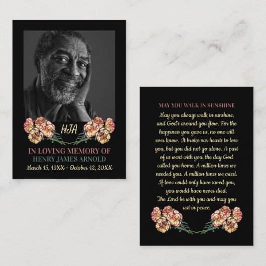 写真エレガント、カーネーション花、祈りの言葉カード 名刺 (正面/裏面)