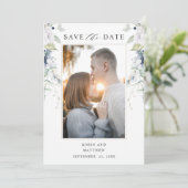 写真エレガント、青と白のフローラ結婚 セーブザデート (スタンド正面)