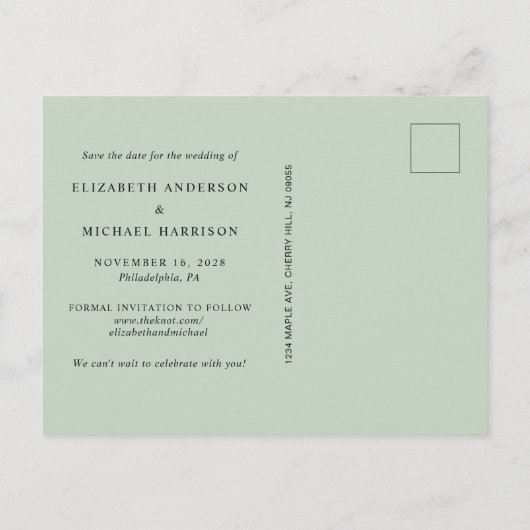 写真エレガントArch Sage日付の保存 案内ポストカード (裏面)