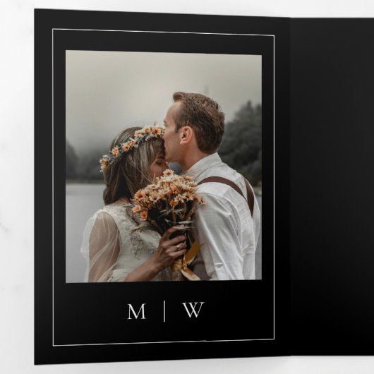 写真エレガントRSVP詳細QRコードブラック結婚ズ 三つ折り招待状 (内部最初)