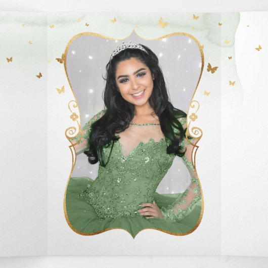 写真エレガントSageグスペインのリーン金ゴールドキンセアニェラ 三つ折り招待状 (内部中)