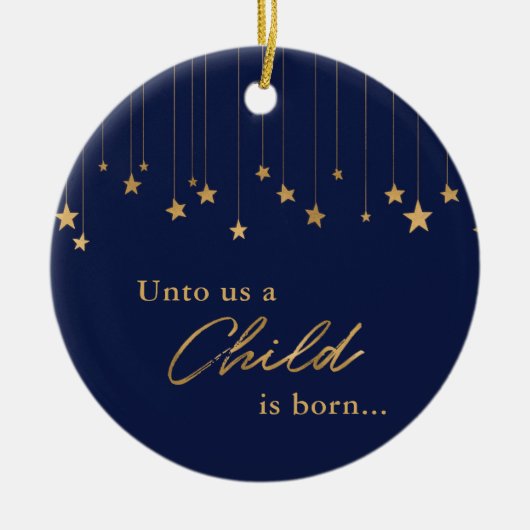 写真エレガントUnto Us A Child is 生まれ Blue金ゴールド セラミックオーナメント (正面)