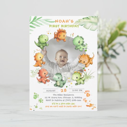 写真オプション付き恐竜誕生日 招待状 (スタンド正面)
