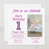 写真オン1歳の女の子パーティの招待状 招待状 (正面/裏面)