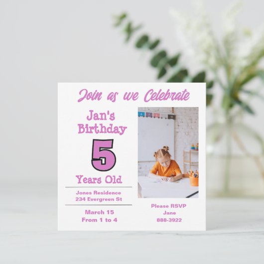 写真オン5歳の女の子パーティの招待状 招待状 (スタンド正面)