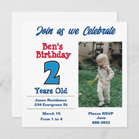 写真オンTwo Year Old Boyパーティの招待状 招待状 (正面/裏面)