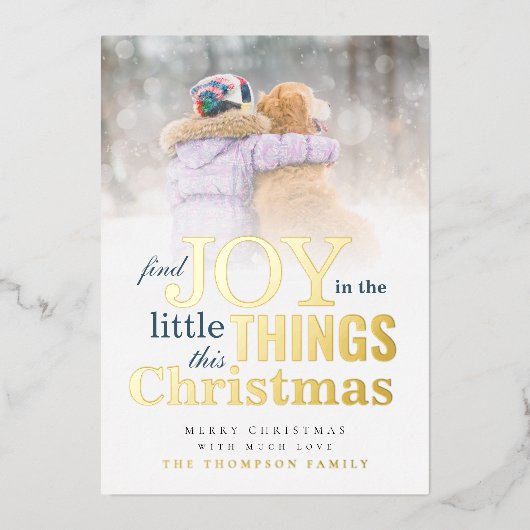 写真オーバーレイ クリスマスに小さなことに喜びを見つける 箔シーズンカード (正面)