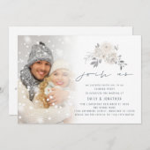 写真オーバーレイ 白い花 お招きします イブニング ウェディング 招待状 (正面/裏面)