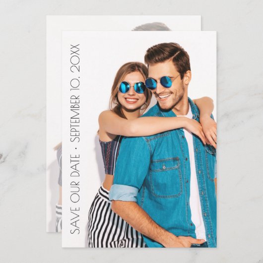 写真カジュアルの結婚式のスクリプトの日付の保存 セーブザデート (正面/裏面)