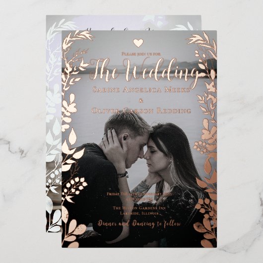 写真カジュアルエレガントバラ金ゴールドフローラ結婚の 箔招待状 (正面/裏面)